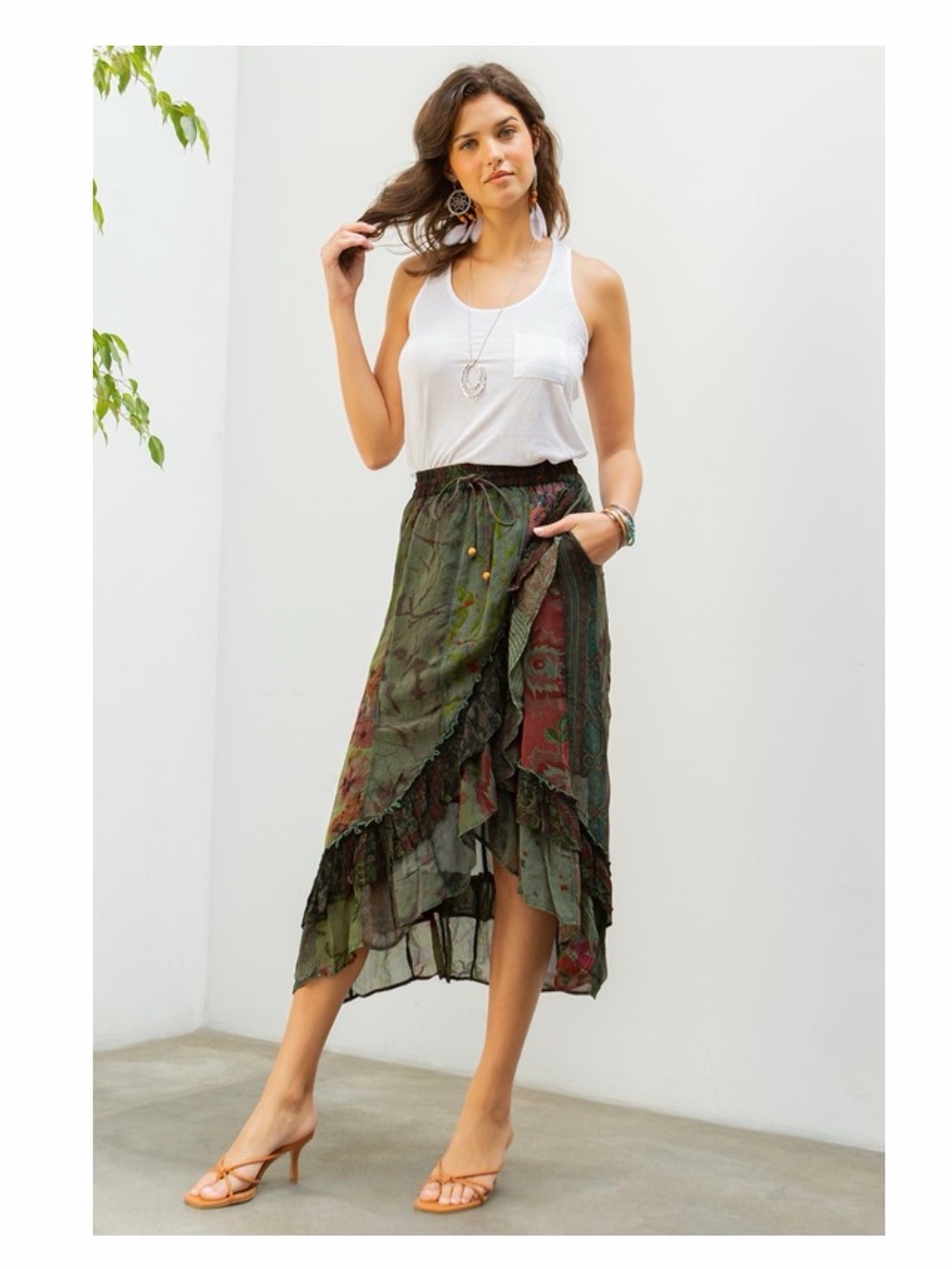 Young Threads Patchwork Wrap Skirt L Basil Green High Low Ruffle Boho NWT